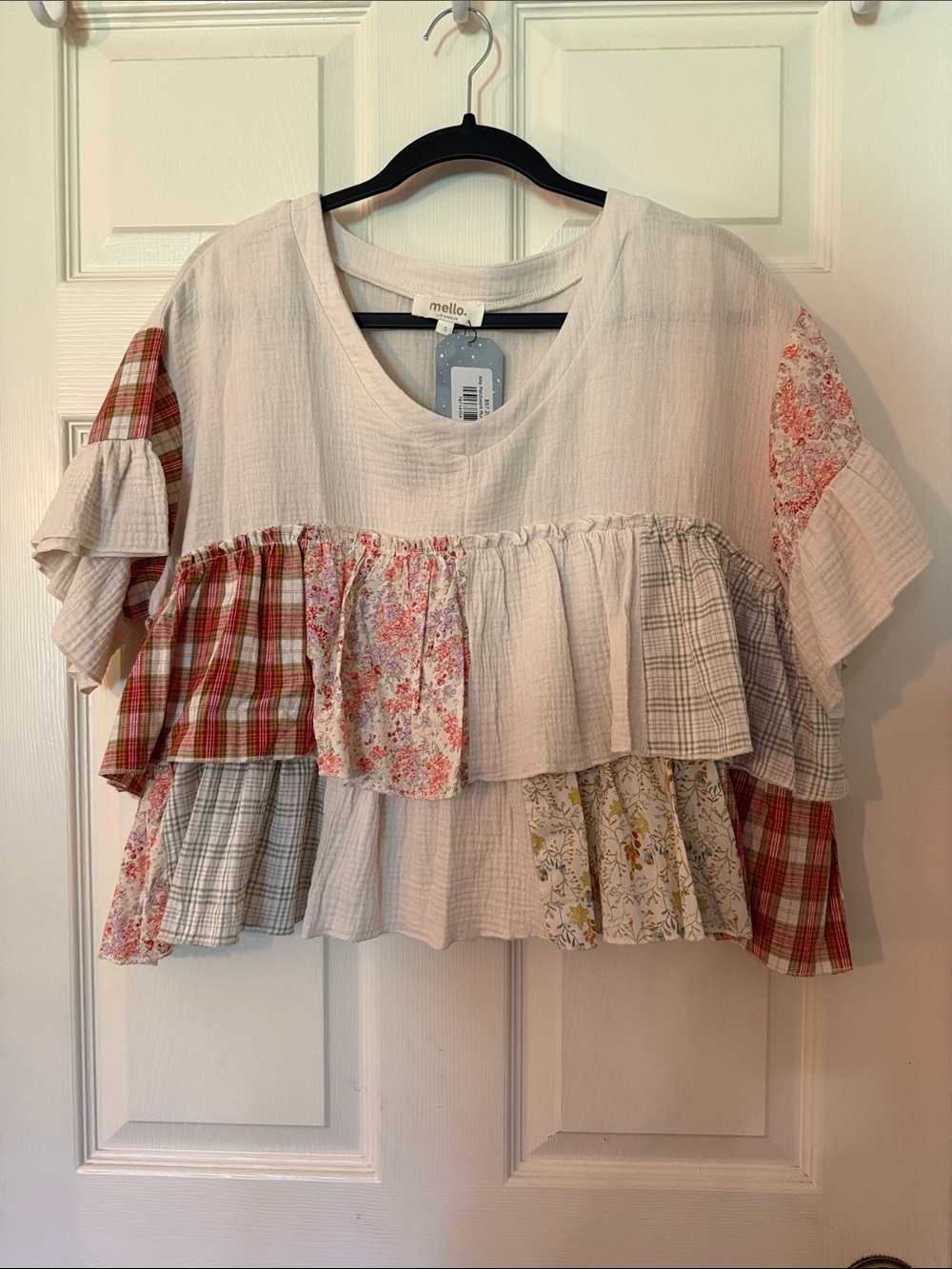 Mello Boho-Style Patchwork Ruffle Tunic Top
